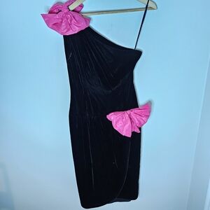 Miss O By Oscar De La Renta Velvet One Shoulder Dress Black Pink Bows Vtg 8